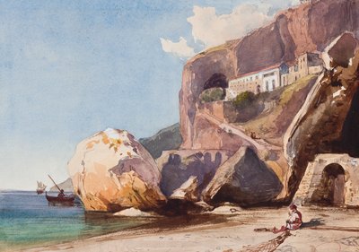 Il Monastero dei Cappuccini ad Amalfi dalla spiaggia, con aggiunte del Principe Alfonso Maria di Borbone da Giacinto Gigante